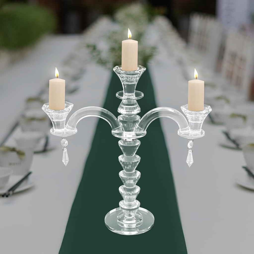 3 Arm Crystal Candelabra Centerpieces for Tables, Crystal Glass Taper Candle Holder Candelabra with Chandelier Chains