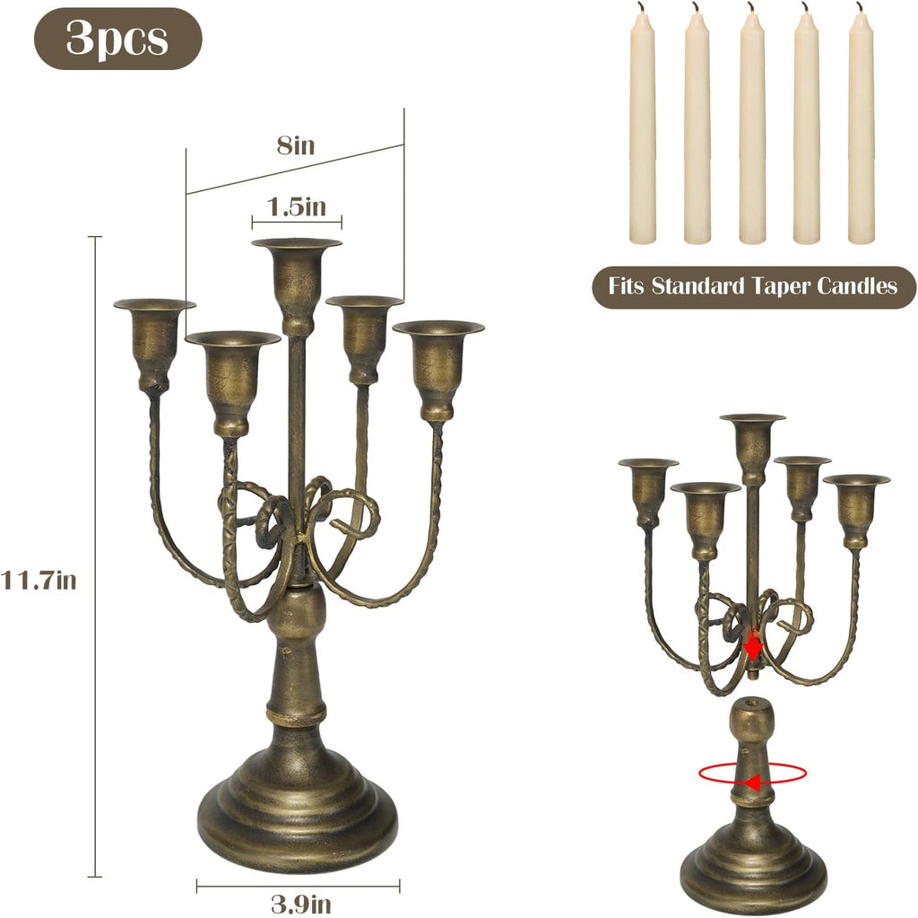 5 Arm Bronze Candelabra Candle Holder Set of 3, 11.7" Vintage Metal Candlestick Holders for Taper Candles Elegant