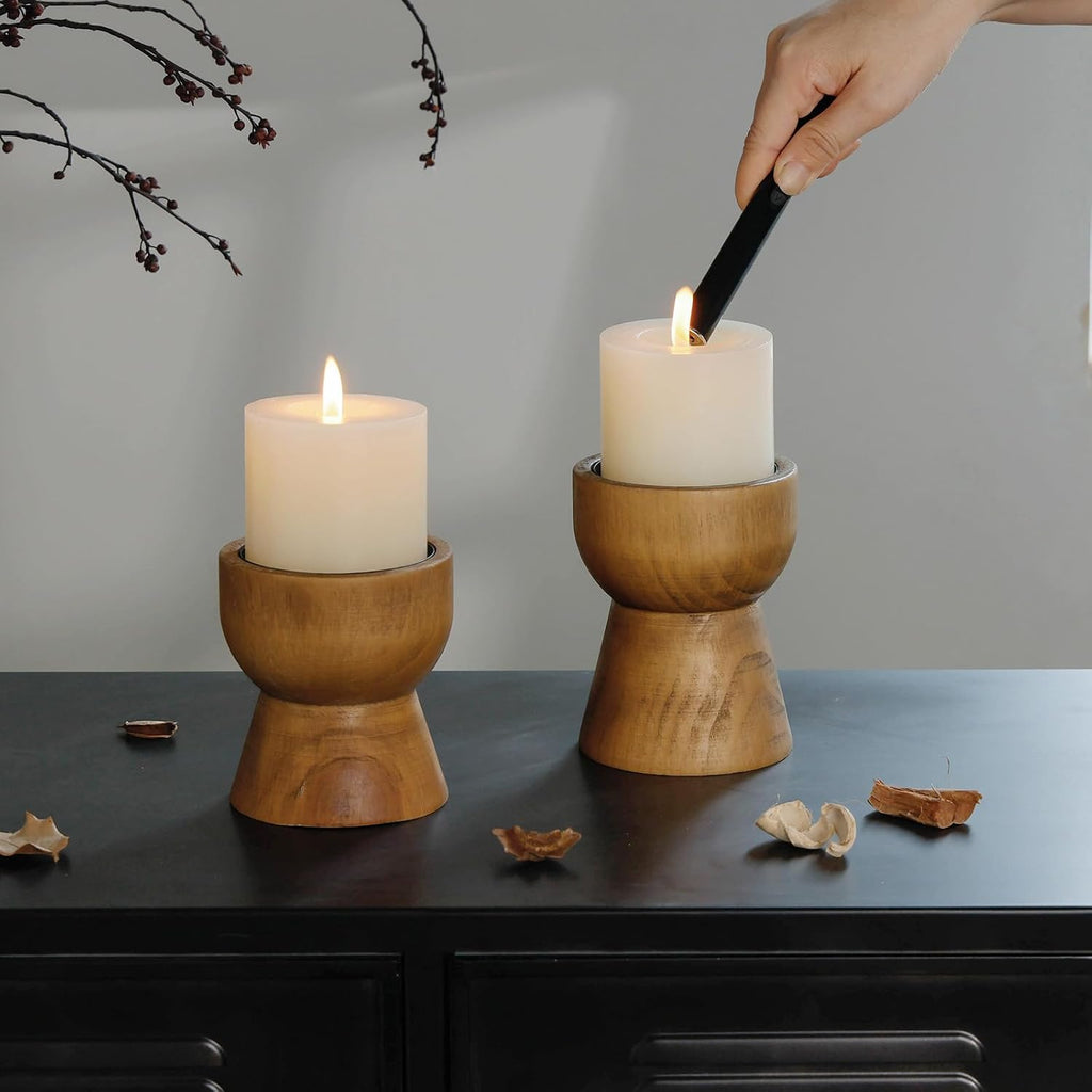 Farmhouse Wooden Pillar Candle Holders Set of 2, Mantel Decor | Rustic Brown Solid Wood Candle Pedestal, Decorative