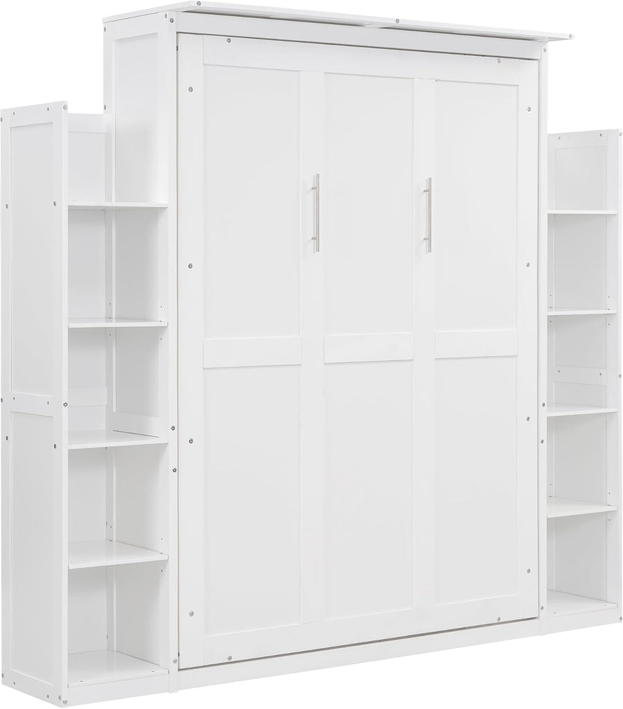 Full Murphy Bed, Wooden Full Murphy Wall Bed with Shelves and LED Lights, White