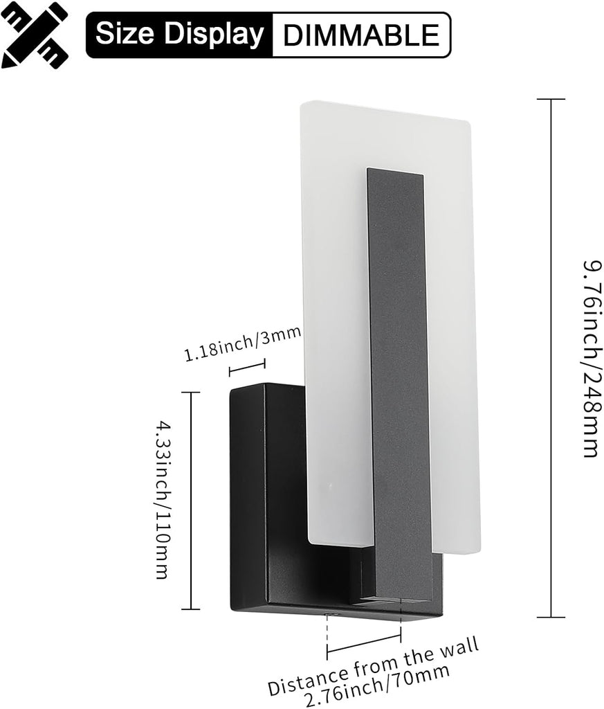 Modern LED Wall Sconce Dimmable Wall Mounted Lamp Set of 2, Black 3000K Warm White Wall Lamp, Hardwired Bathroom