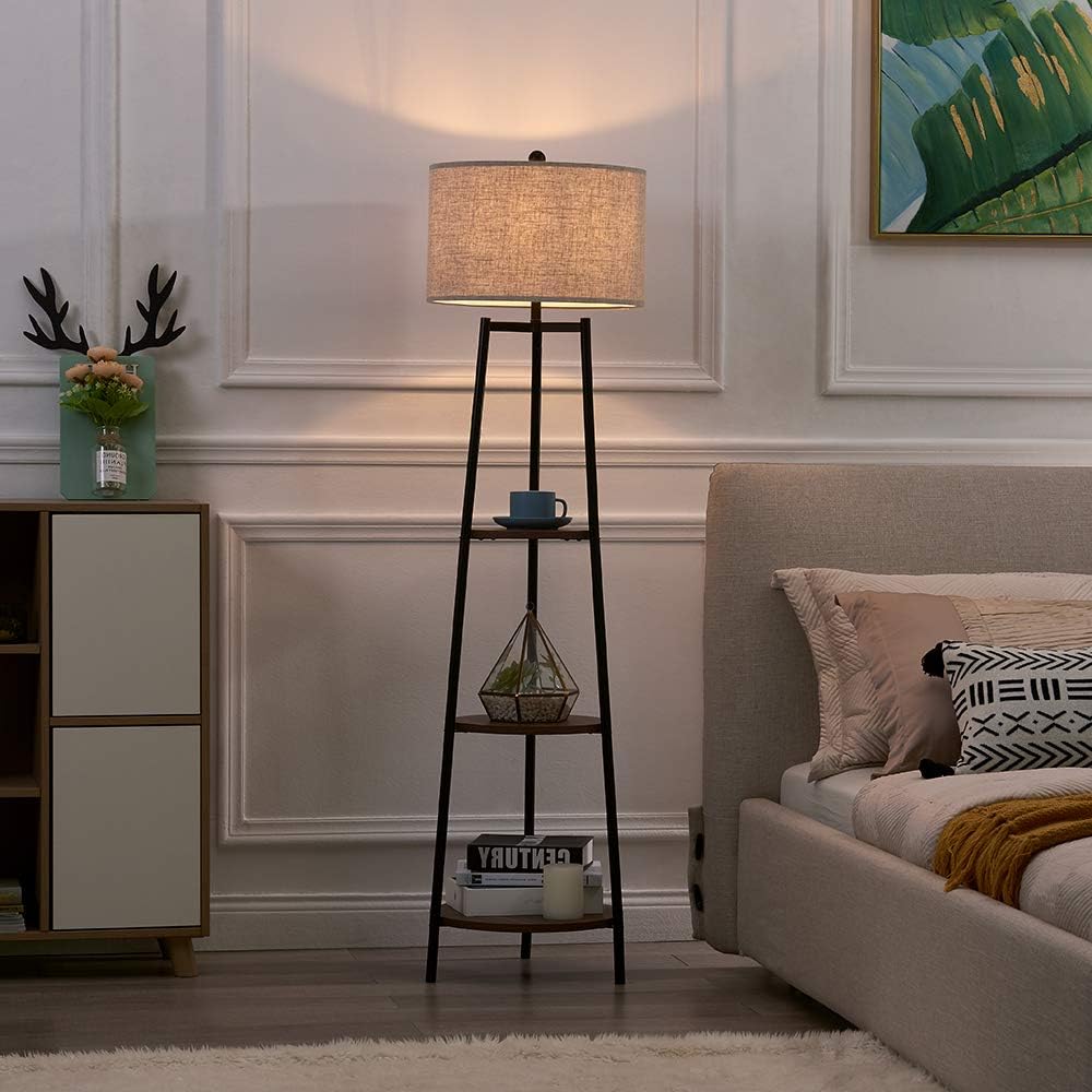 Floor Lamp, Standing Reading Light with Shelves and Fabric Shade, Modern Tall Pole Lamp