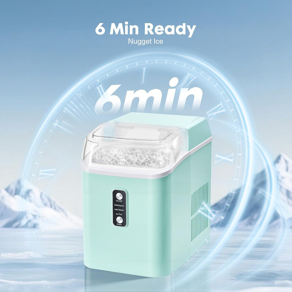 Nugget Ice Maker Countertop, Portable Ice Machine with 1.7L Water Tank, 26LBS/24H Fast Production, Auto-Cleaning & Quiet Operation, with Basket & Scoop, for Home Party Camping RV, Green