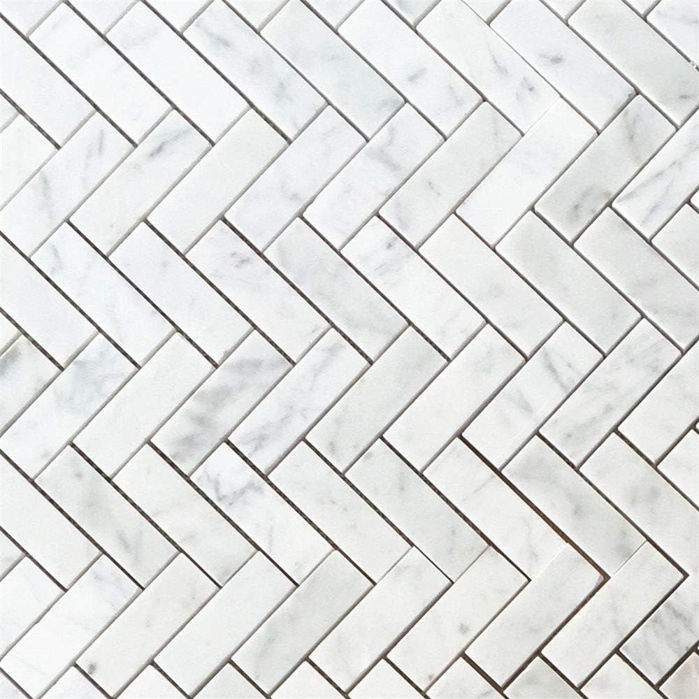 Carrara Marble 1x2 Herringbone Mosaic Tile Polished for Kitchen Backsplash Bathroom Floor and Wall Shower ((Box of 4