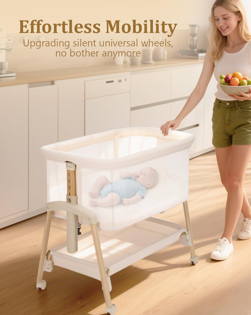 3 in 1 Baby Bassinet with Wheels, Bedside Bassinet Sleeper for Newborn, Portable Baby Crib with 7 Adjustable Height &