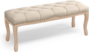 Bedroom Bench, French Vintage Tufted Entryway Bench, 45.2" Carving Upholstered End of Bed Bench with Distressed Wood