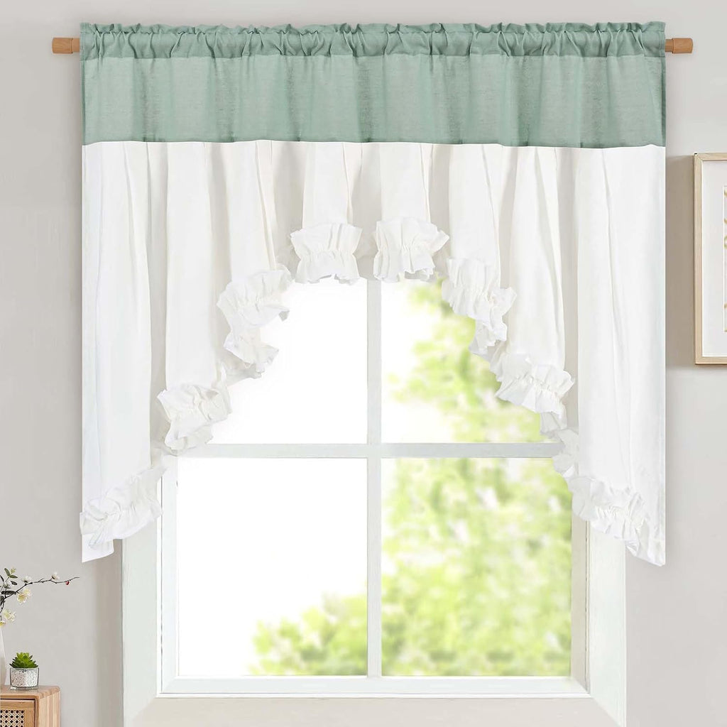 Teal and White linen ruffle swag valance 60W x 36L - Casa Home Living