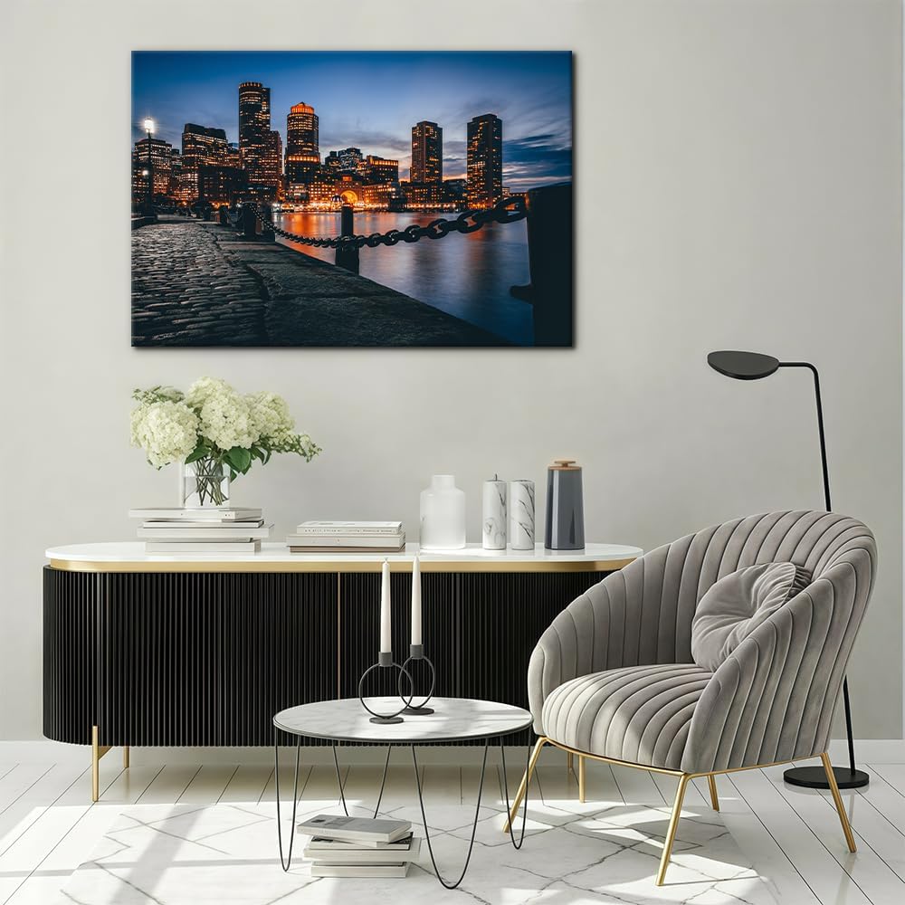 Boston Cityscape Canvas Wall Art Print Skyscrapers Harbor Skyline Painting Wall Decor Home Decoration Gallery Wrapped
