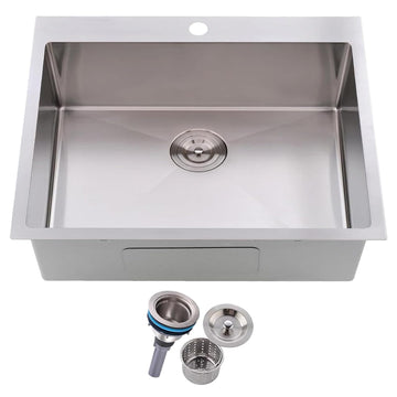 25x22 Inch Drop In, Brushed Nickel Stainless Steel Single Bowl, 16 Gauge Handmade Topmount Sink with Basket