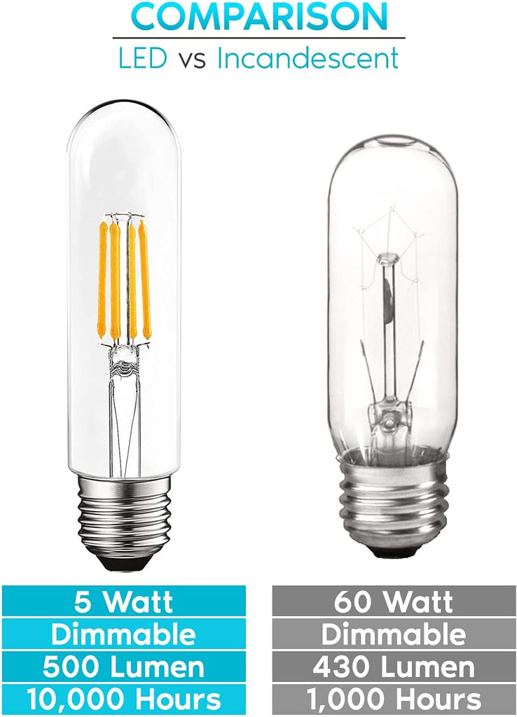 T10 LED Bulb, 5W=60W Equivalent, 3000K Soft White, Vintage Edison Filament Bulb, 500 Lumens, Tubular Light Bulb, Damp (3 Pack)