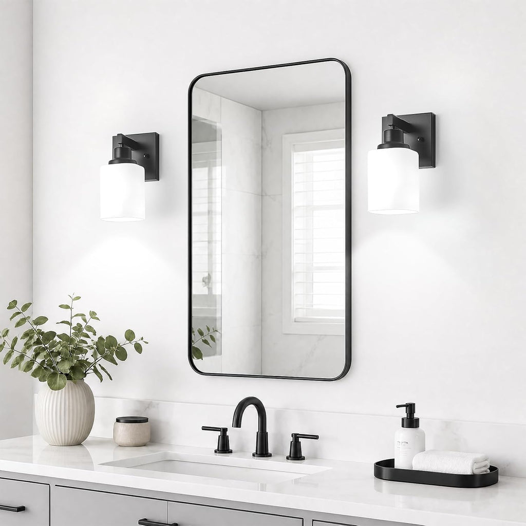 Set of 2 Wall Sconces , Black Bathroom Vanity Light,Modern Wall Sconces Indoor with Square Frosted Glass,Farmhouse