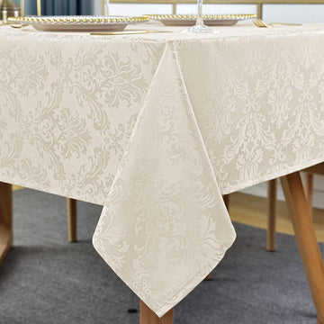 Jacquard Tablecloth Rectangle 60 x 102 Inch Beige, Spill Proof Washable Damask Table Cloth, Soft Pol