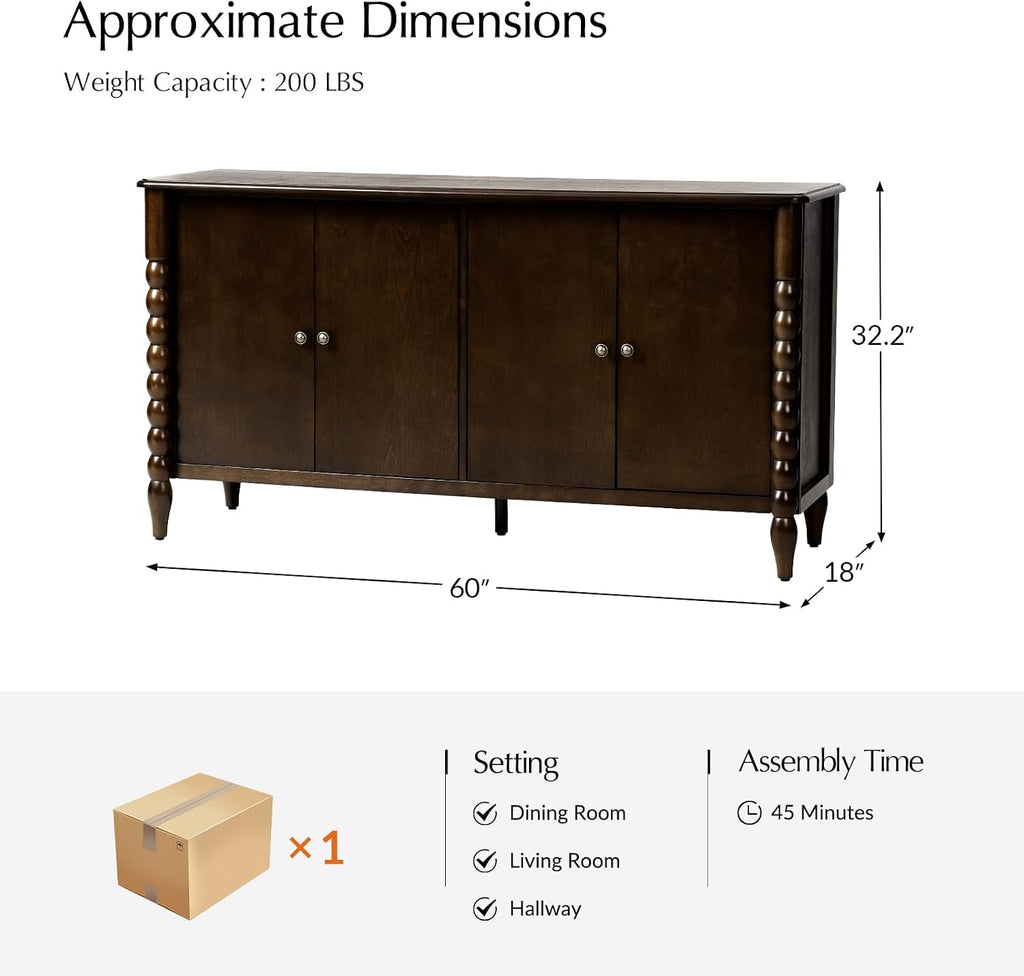60" Sideboard Cabinet with Spindle Design, Transitional Storage Cabinet with 4 Doors, Adjustable Shelves