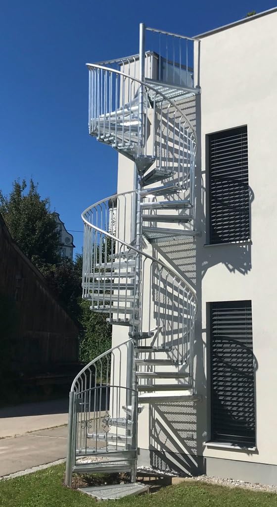 German Outdoor Spiral Staircase, Hot-Dip Galvanized Standpipe Expanded-Metal Step, Aluminum Handrail, 25-Step incl