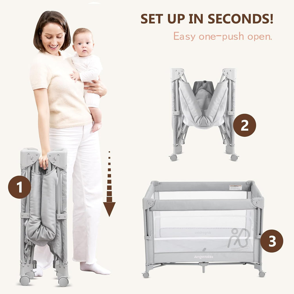 Pack and Play, Baby Bassinet Bedside Crib with Changer, Grey | One-push setup, mattress, breathable mesh, adjustable