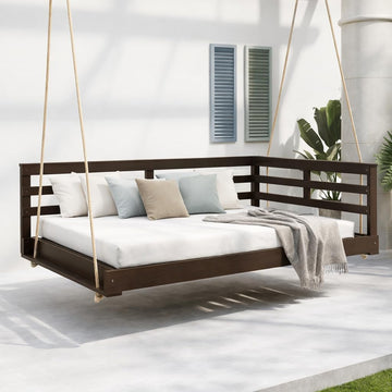 Acacia Wood Porch Swing Bed with Hemp Ropes, Full Size Outdoor Hanging Bed, 350 lb Capacity, Open-Side Minimalist