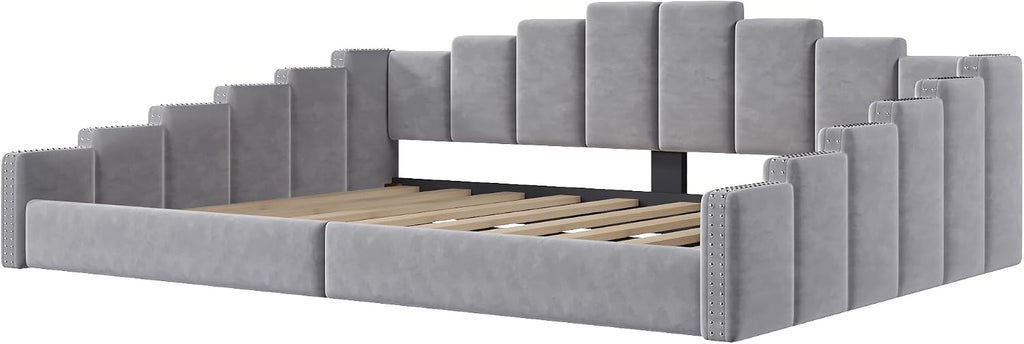 Upholstered Queen Size Daybed with Nailhead Trim, Velvet Platform Bed Frame, No Box Spring Needed, Gray | Velvet