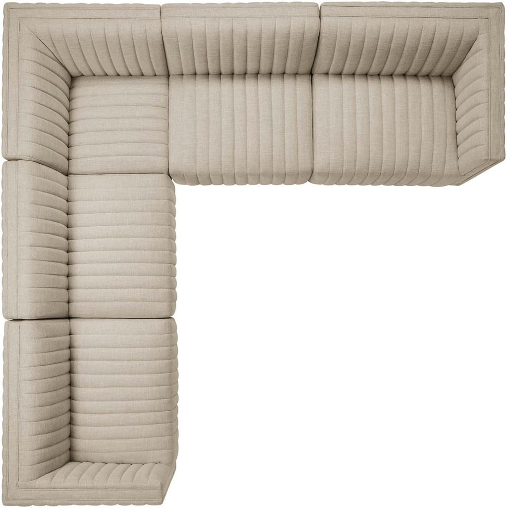 Conjure 5Pcs L-Shaped Channel Tufted Fabric Sectional in Beige/Black
