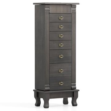 Jewelry Armoire, Wooden Freestanding Jewelry Organizer with 7 Drawers, 2 Swing Doors, Flip-up Mirror & Top Divided