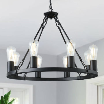 Inspired Camino Style Chandelier - 8 Lights Wagon Wheel Chandelier, Black Kitchen Island Lighting Fixture Round Metal Industrial Farmhouse Dining Room Pendant Light for Living Room Foyer Entryway,E26 Socket, 23.6". Height Adjustable