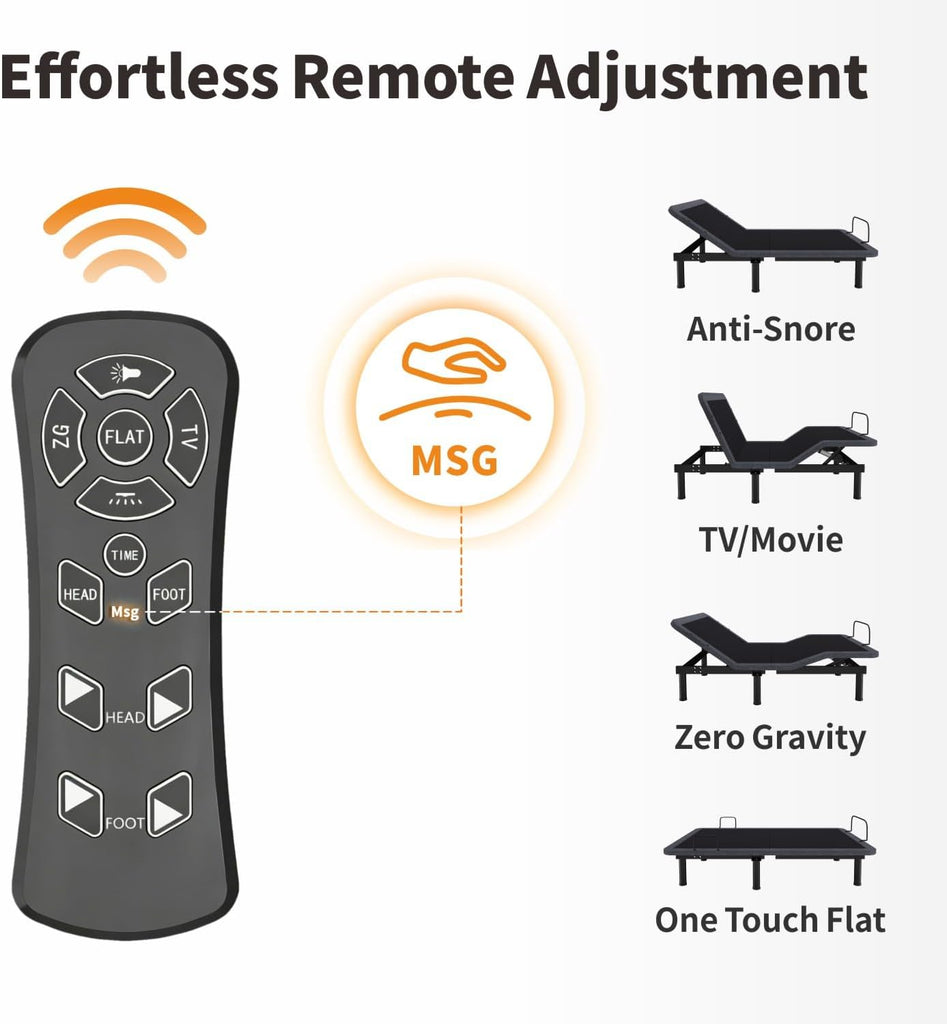 Twin XL Adjustable Bed Frame with Massage, Electric Bed Base with Wireless Remote, Head/Foot Incline, Zero Gravity