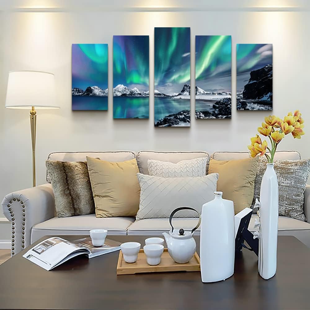 Large Canvas Wall Art Set - Blue Aurora Scenery Paintings - Modern Canvas Art Prints Ready to Hang - 5 Piece Set