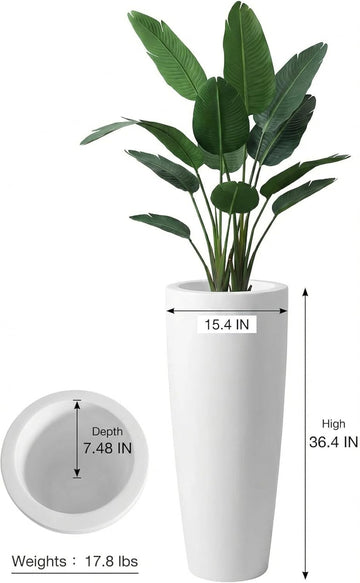 Tall 36" White Fiberglass Planter - Large Modern Lightweight Tapered Round Indoor/Outdoor Elegant Decorative Pot for