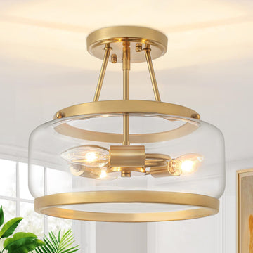 11.81" Brushed Gold Semi Flush Mount Ceiling Light, Modern Glass Drum Light Fixtures, 3-Light Golden Ceiling Lights