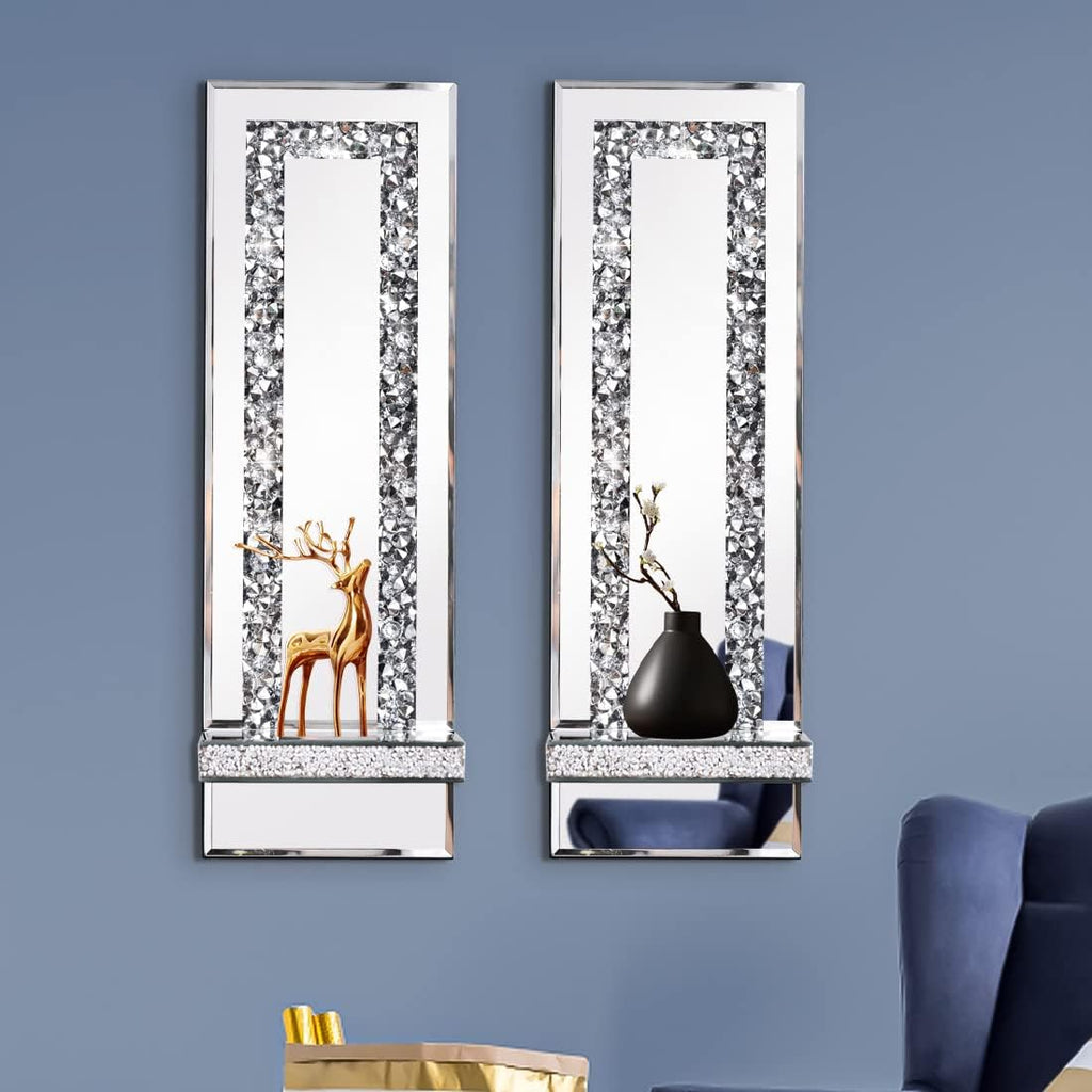 Crystal Crush Diamond Mirrored Candle Sconces, Silver Wall Candle Holder Set of 2, Wall Decorations (Rectangle Stripe
