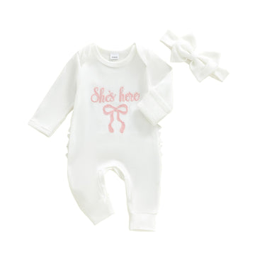 Newborn Baby Boy Girl Romper I'm New Here Embroidery Letter Jumpsuit Coming Home Outfits Fall Gender Neutral Clothes