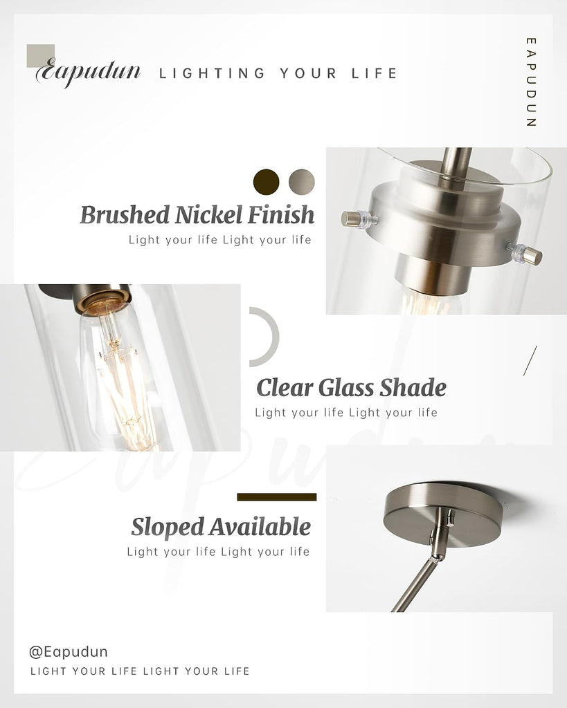 Pendant Light (2 Packs), Kitchen Ceiling Hanging Light, Adjustable Height, Kitchen Light Fixtures Brushed Nickel