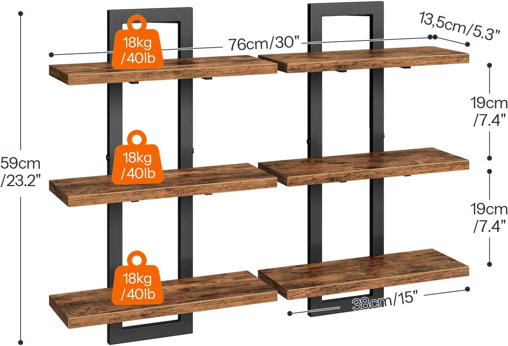 Floating Shelves, Set of 2 Wall Shelves, 3-Tier Wall Mounted Storage Shelves, Hanging Bathroom Shelves, Rustic Brown