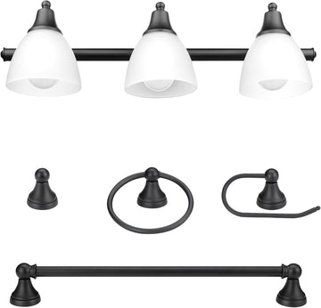 Jayden 5-Piece All-In-One Bathroom Set, Oil Rubbed Bronze, 3-Light Vanity Light with Frosted Glass Shades, Towel Bar
