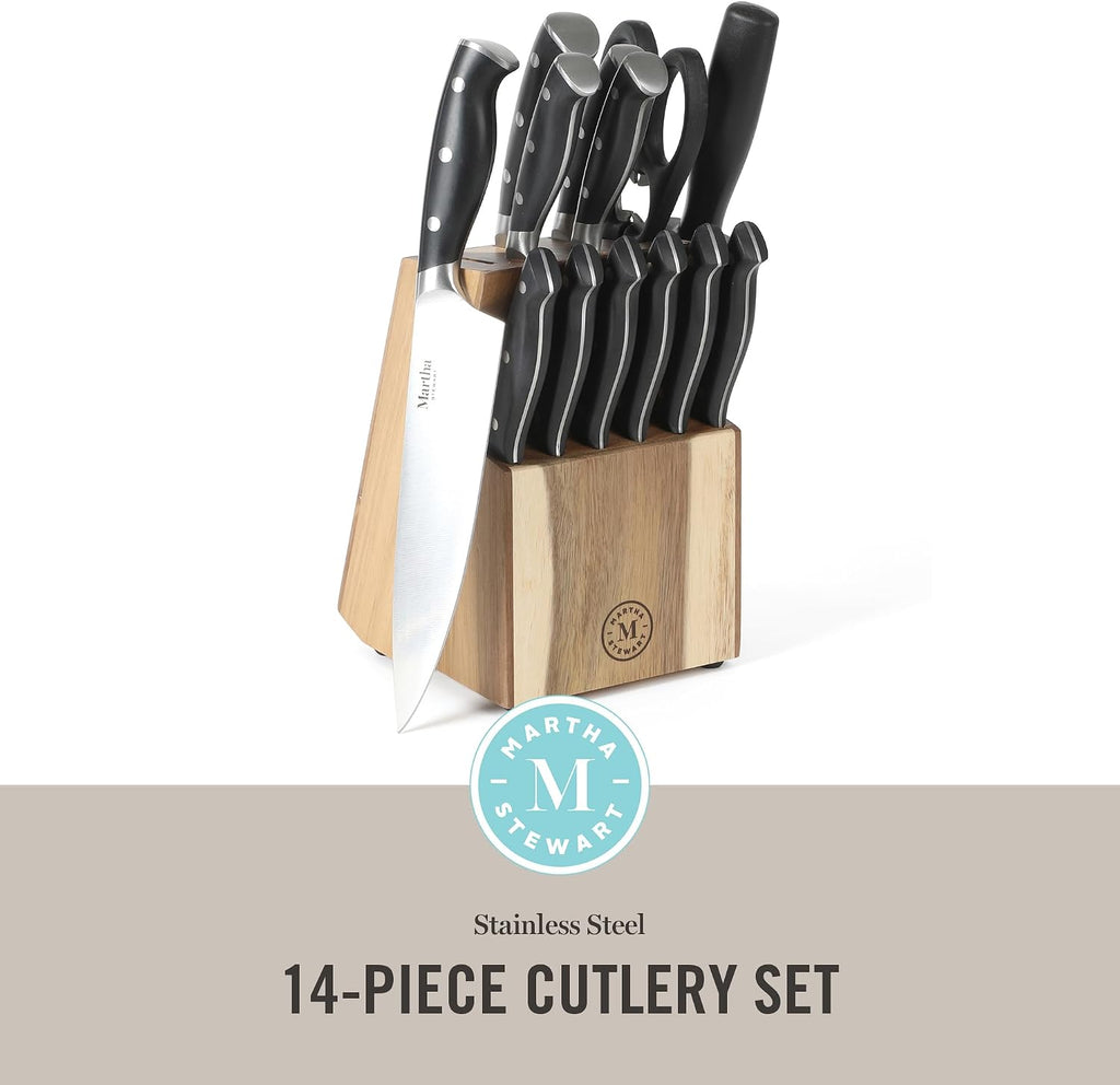 Greeley Forged High Carbon Stainless Steel 14 Piece Knife Block Set, Black Kitchen Knife Set with Acacia Wood Block