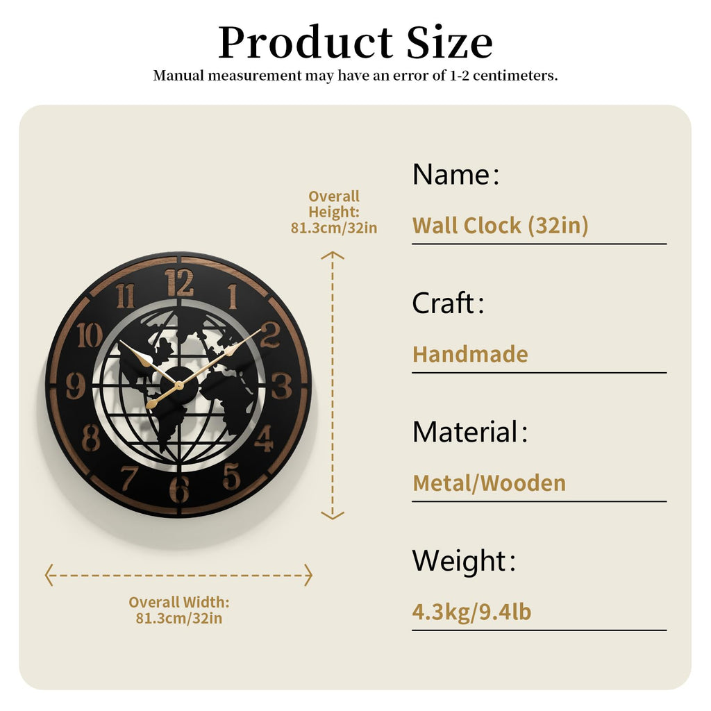 Large World Map Wall Clock, 32" Wooden Minimalist Modern Clock