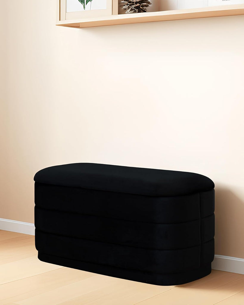 30" Velvet Storage Ottoman Bench with Wooden Tray Lid, Folding Large Upholstered Ottoman Footstool , Rectangular