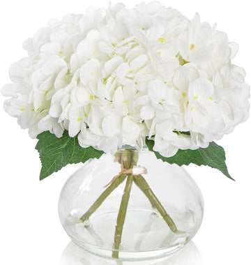 Artificial Hydrangea Flowers with Glass Vase, White Silk Fake Floral Arrangement for Dining, Coffee Table