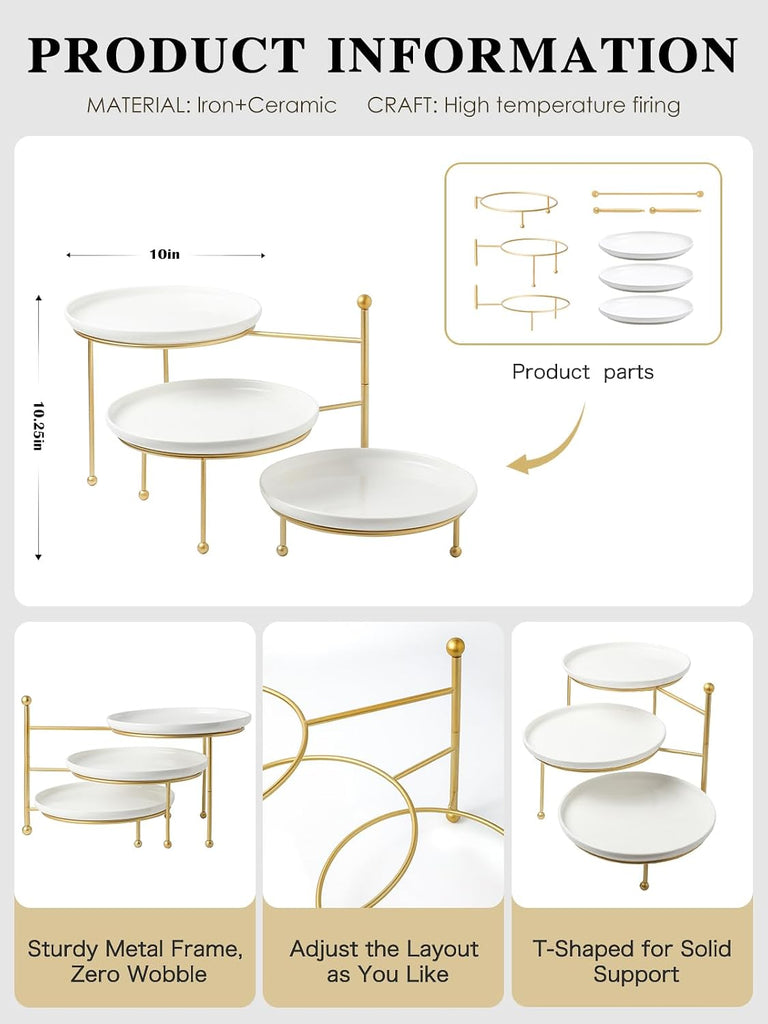 3 Tiered Serving Stand with White Porcelain Plates, 10" Round Tray, dessert table display set, Gold Metal Stand