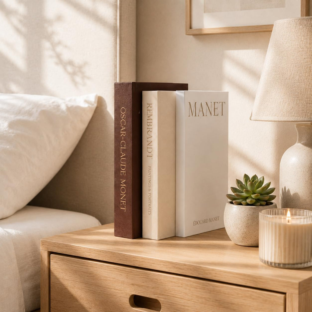 Decorative Books Decor, Set of 3 Linen Faux Books with 1 Natural Wood Bead Jute Tassel