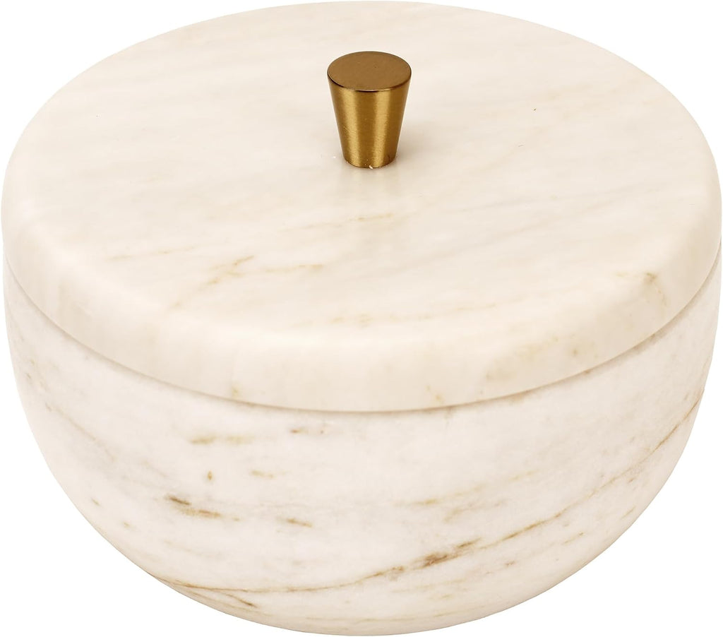 White Marble Storage Box with Copper Knob - Round Decorative Organizer for Jewelry, Trinkets, Bathroom or Office