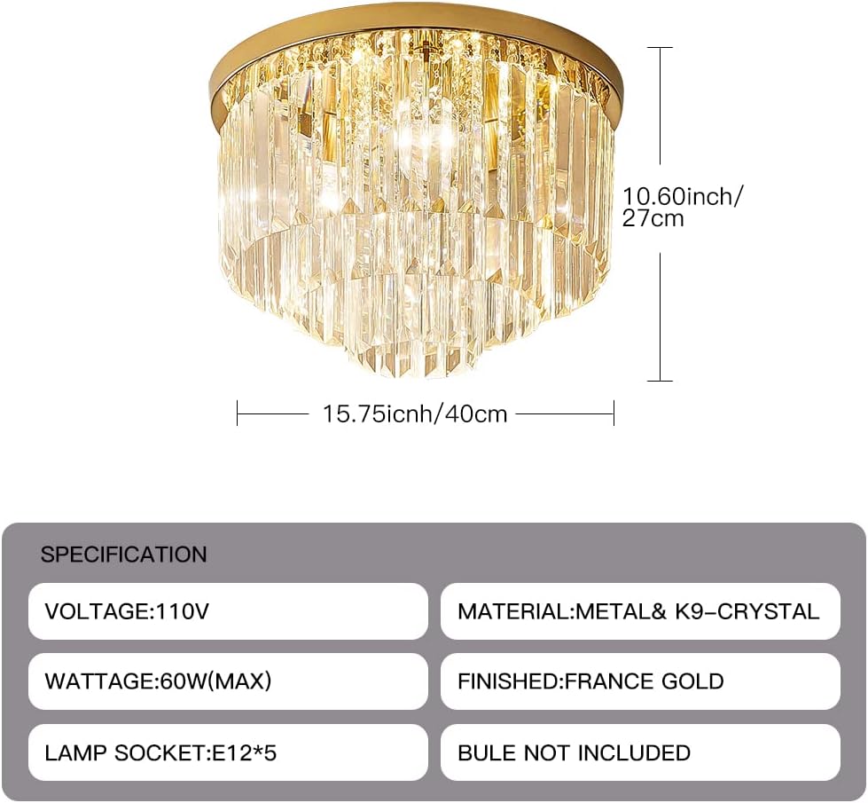 Modern French Gold Crystal Chandelier Ceiling Light,16" Semi Flush Mount 5-Lights 3-Tier Crystal Round Chandelier