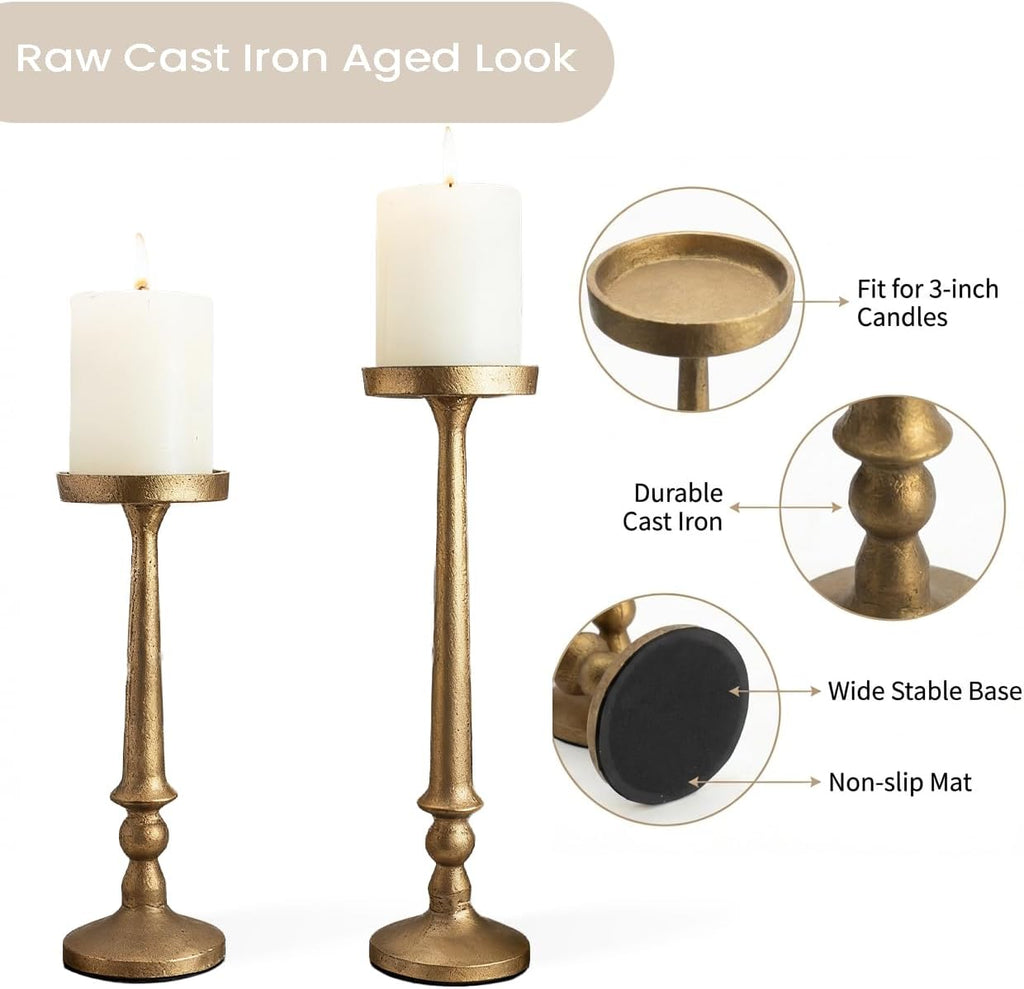 Vintage Iron Pillar Candle Holders Set of 2 12.2" & 10" Tall Candleholders - Rustic Brass Candle Stands - Dining