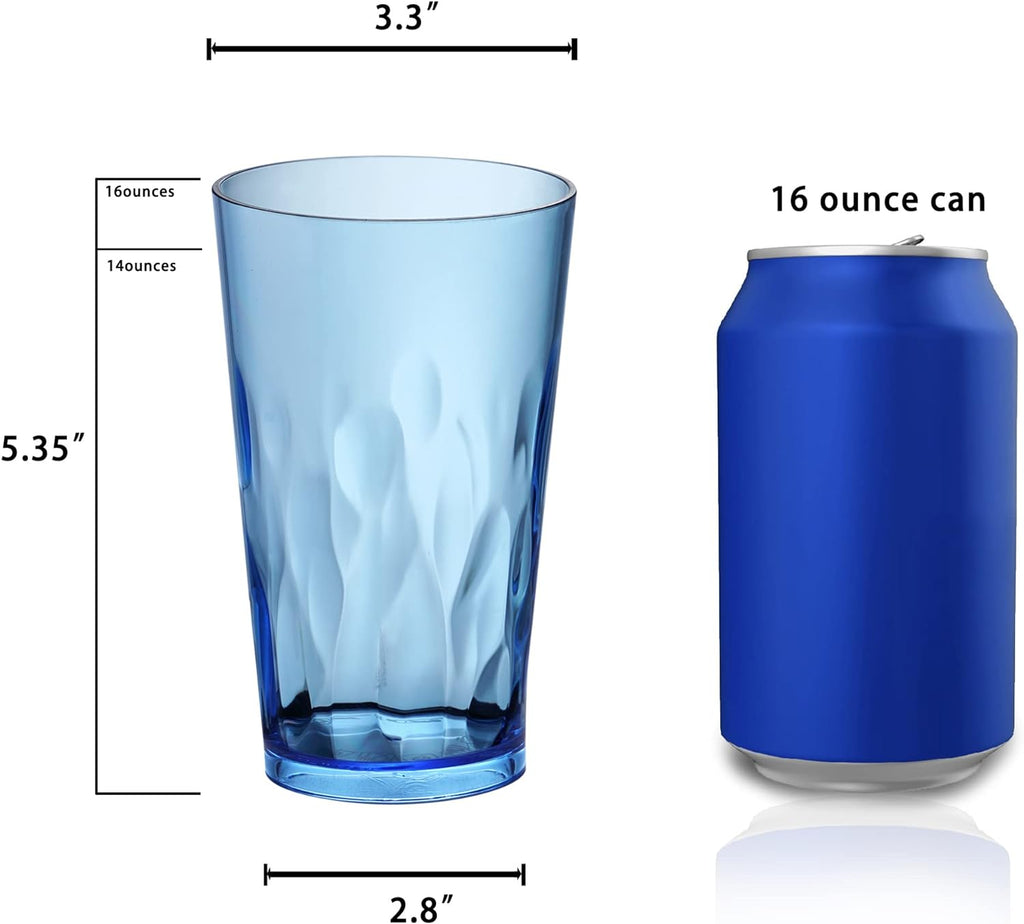 Unbreakable Plastic Drinking Glasses [Set of 6] Shatterproof Tumblers, Reusable Glass Cups, Dishwasher Safe (16 Ounces)