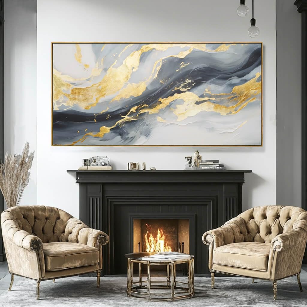 Large Abstract Canvas Wall Art Gold Decoration Blue Painting Bedroom Kitchen Home Office 29x58 Inch