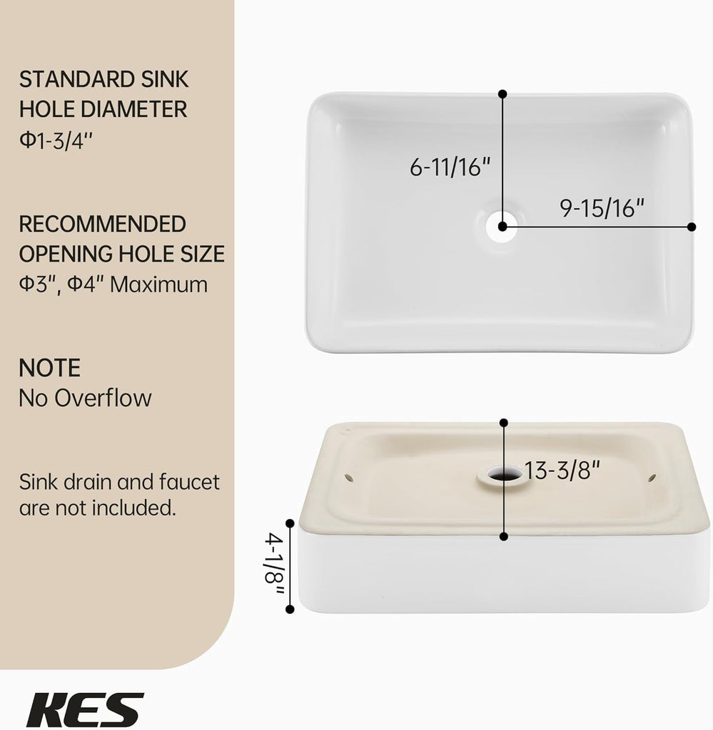 KES Bathroom Vessel Sink 20 Inch Above Counter Rectangular White Ceramic Countertop Sink for Cabinet Lavatory Vanity