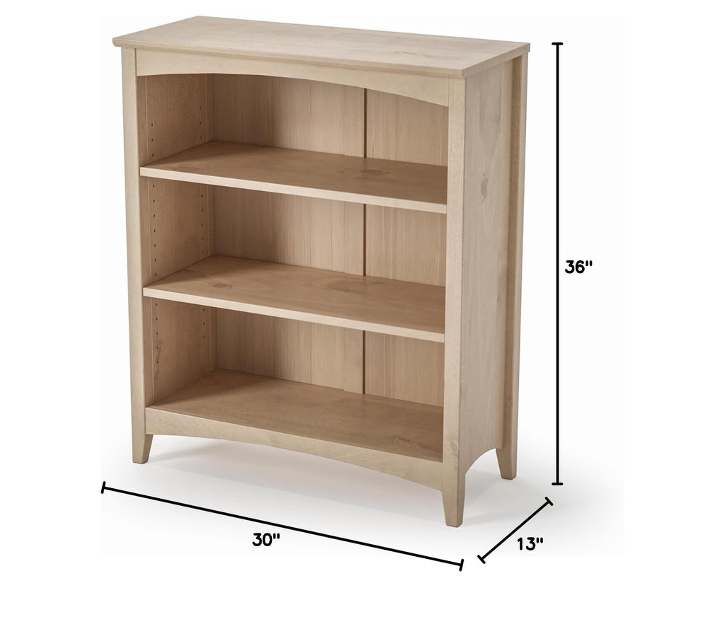Shaker Style 3 Shelf Bookcase/Solid Wood / 36" High/Adjustable Shelving/Closed Back/Display Bookshelf, Light Oak