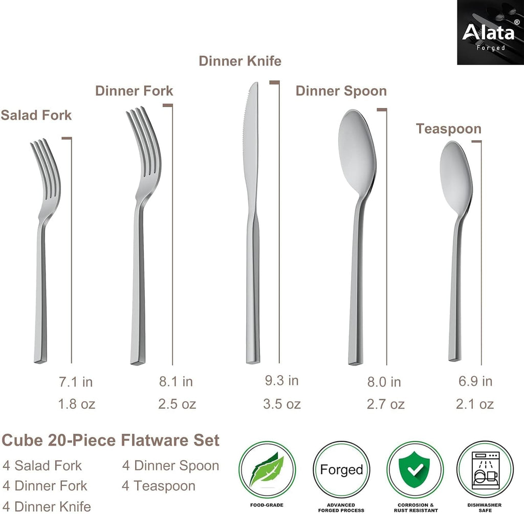 Cube 20-Piece Forged Silverware Set Stainless Steel Flatware Set,Service for 4,Matte Satin Polished Cutlery Set