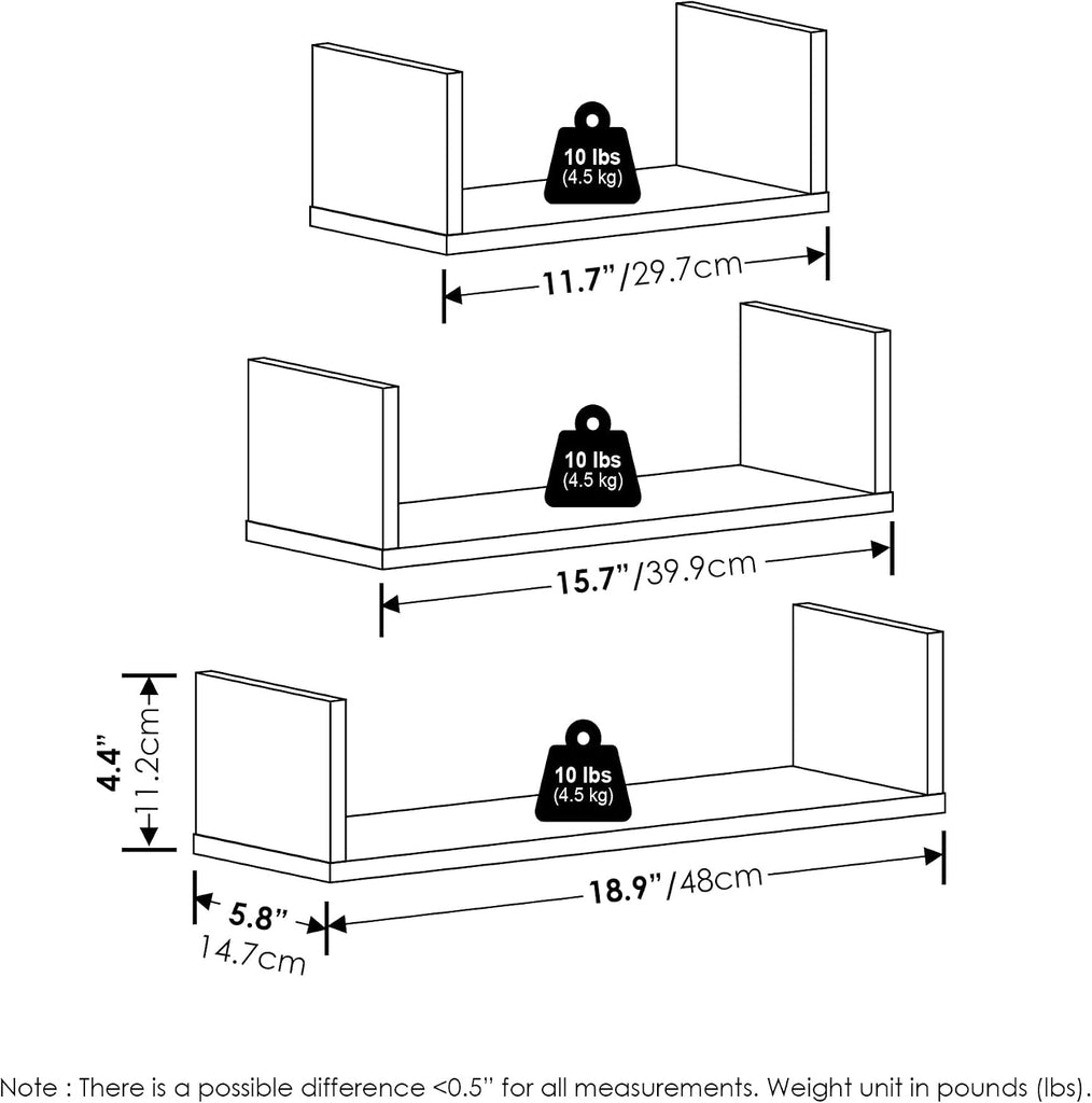 U-Shape Set of 3 Rectangular Wall Mounted Shelves, Wall Shelf Set with 11.7 x 15.7 x 18.9 Width, Floating Shelves for
