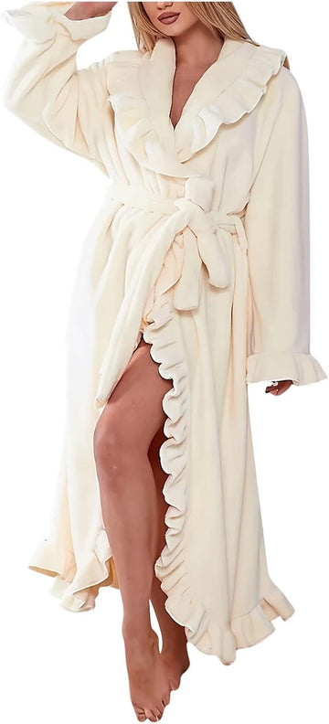 Fuzzy Robe for Women Cute Ruffle Plush Soft Long Sleeve Robes Fluffy Warm Fleece Long Bathrobe with Pockets