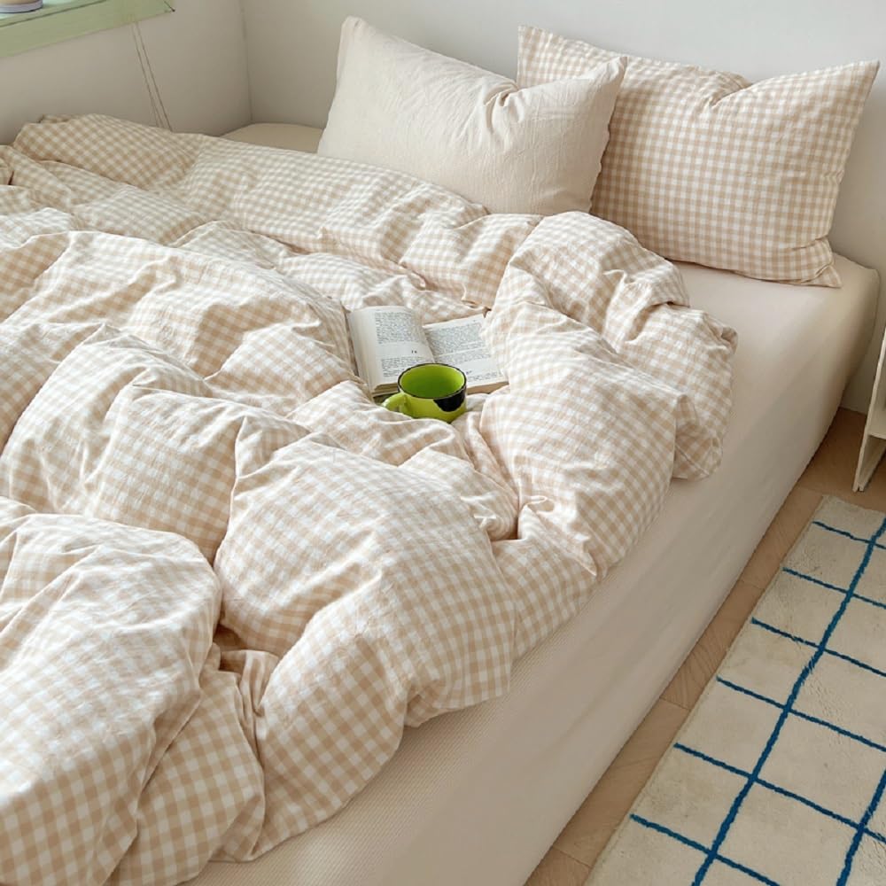 Gingham Duvet Cover Set Beige Plaid Checkered Bedding